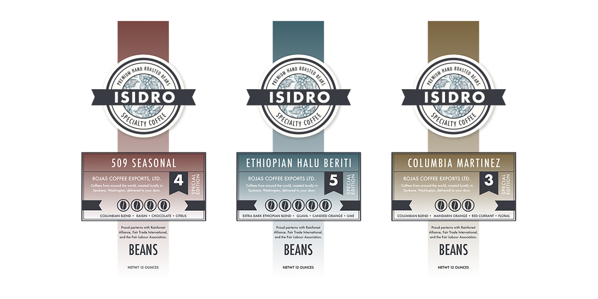 isidro coffee labels, three designs