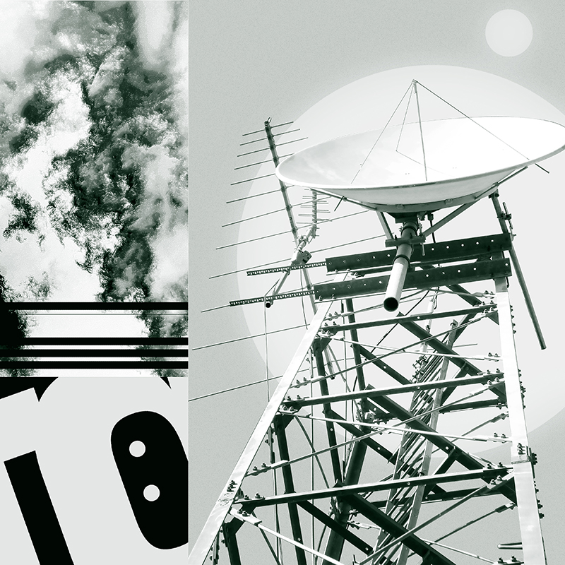 collage, clouds, letter forms, and satellite dish