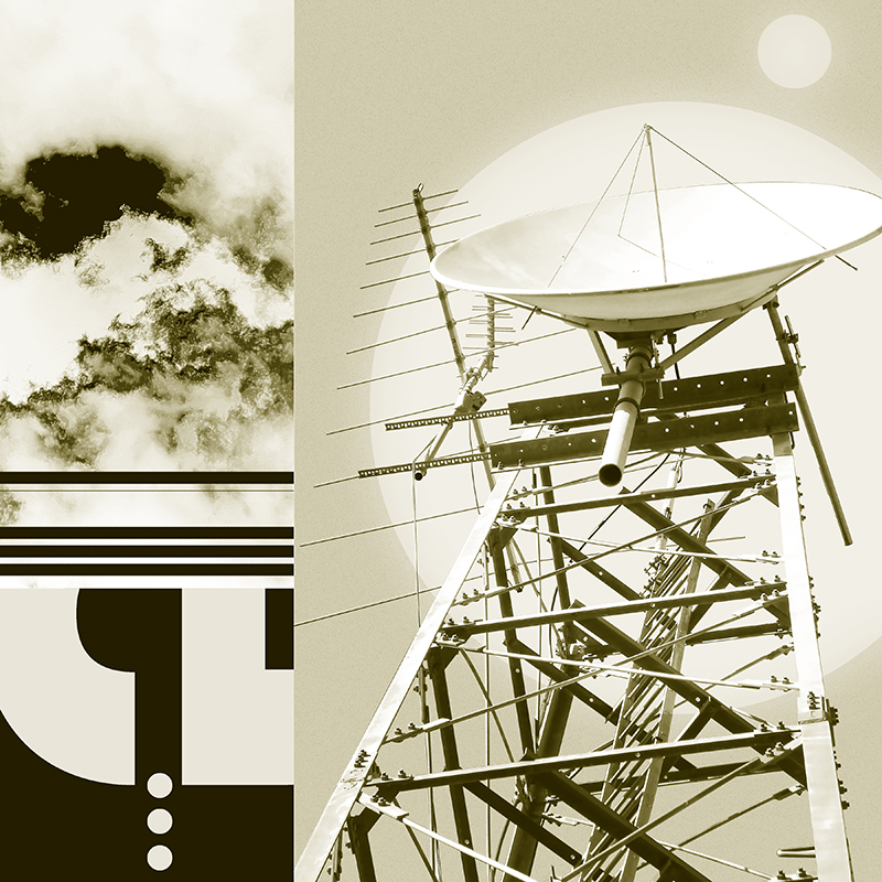 collage, clouds, letter forms, and satellite dish