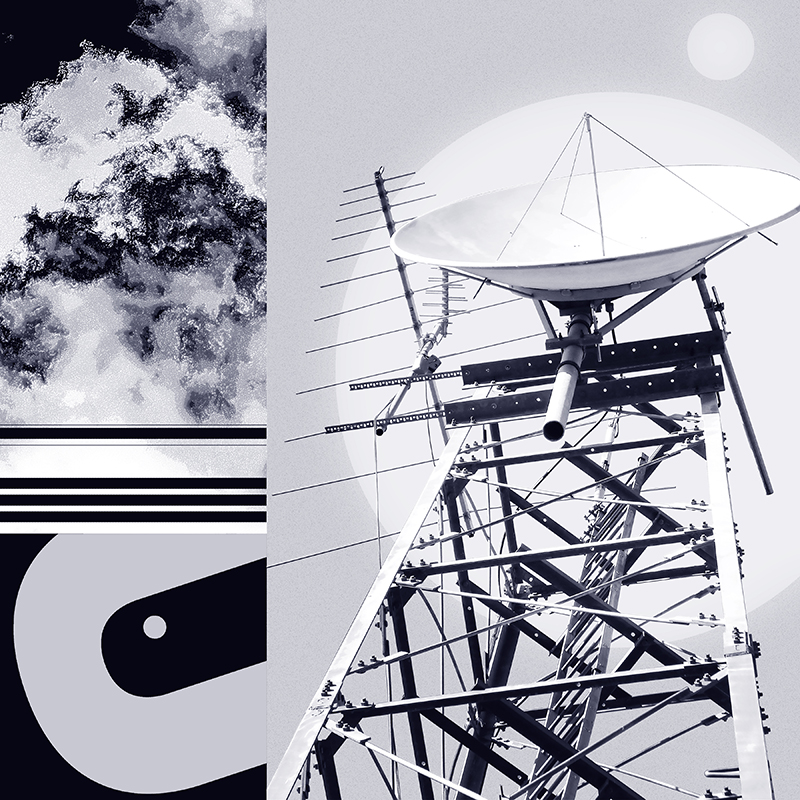 collage, clouds, letter forms, and satellite dish