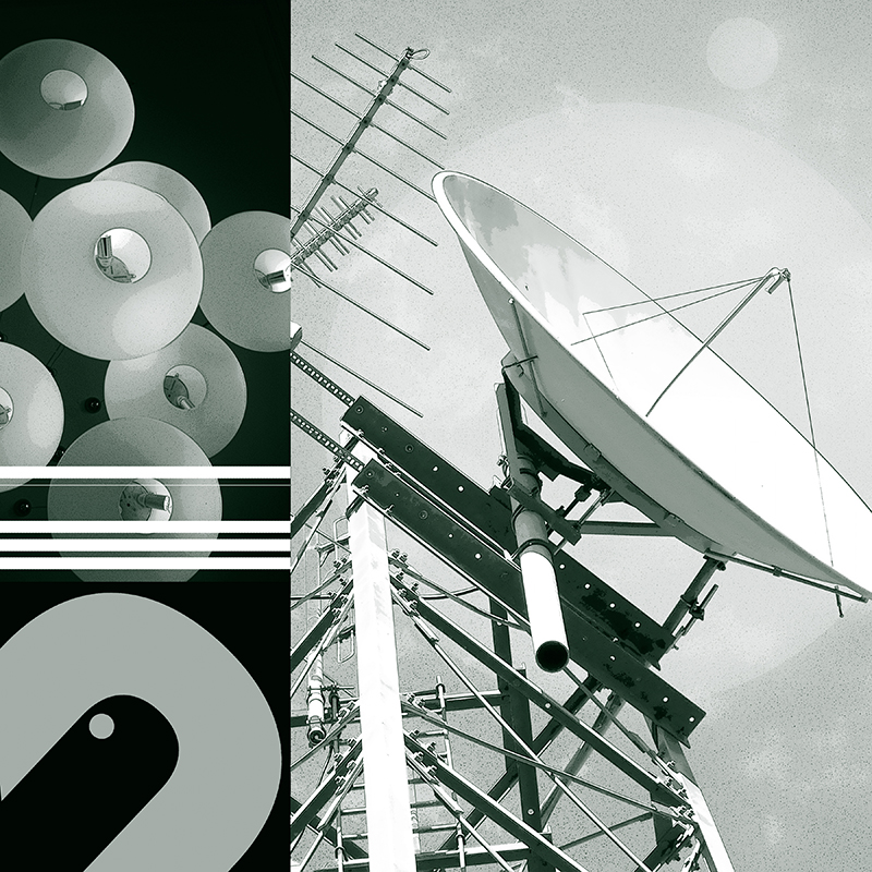 collage, clouds, letter forms, and satellite dish