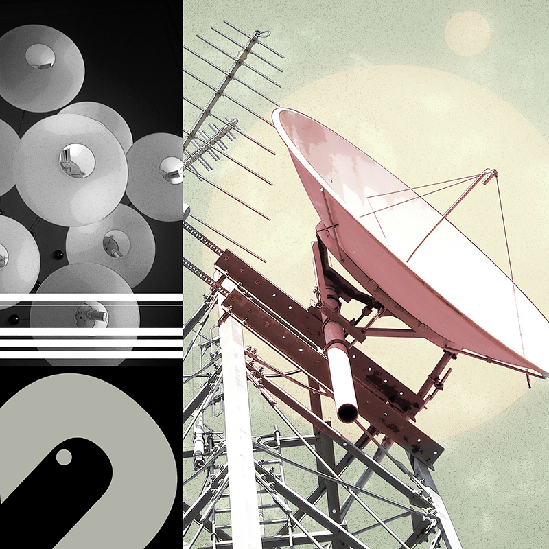 collage, clouds, letter forms, and satellite dish