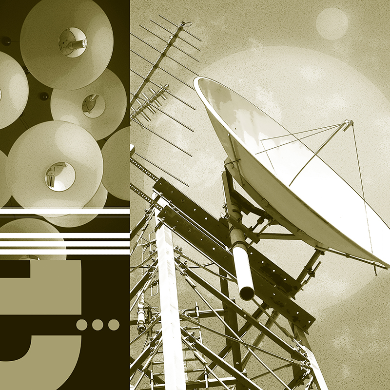 collage, clouds, letter forms, and satellite dish