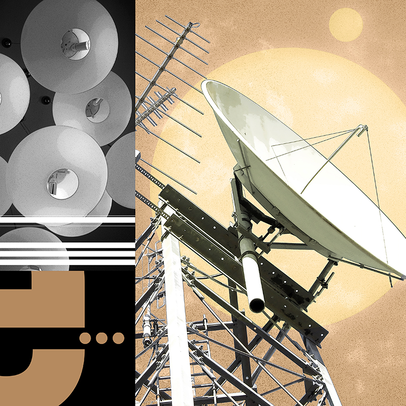 collage, clouds, letter forms, and satellite dish