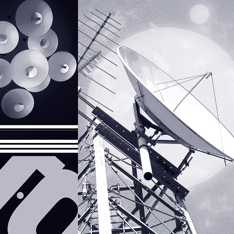 collage, clouds, letter forms, and satellite dish