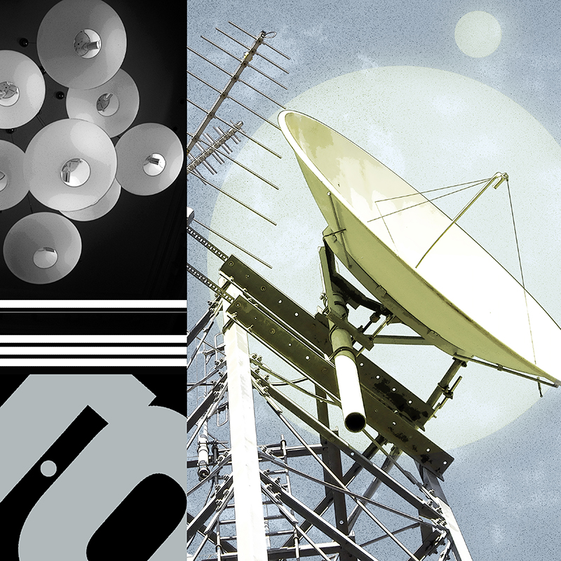 collage, clouds, letter forms, and satellite dish