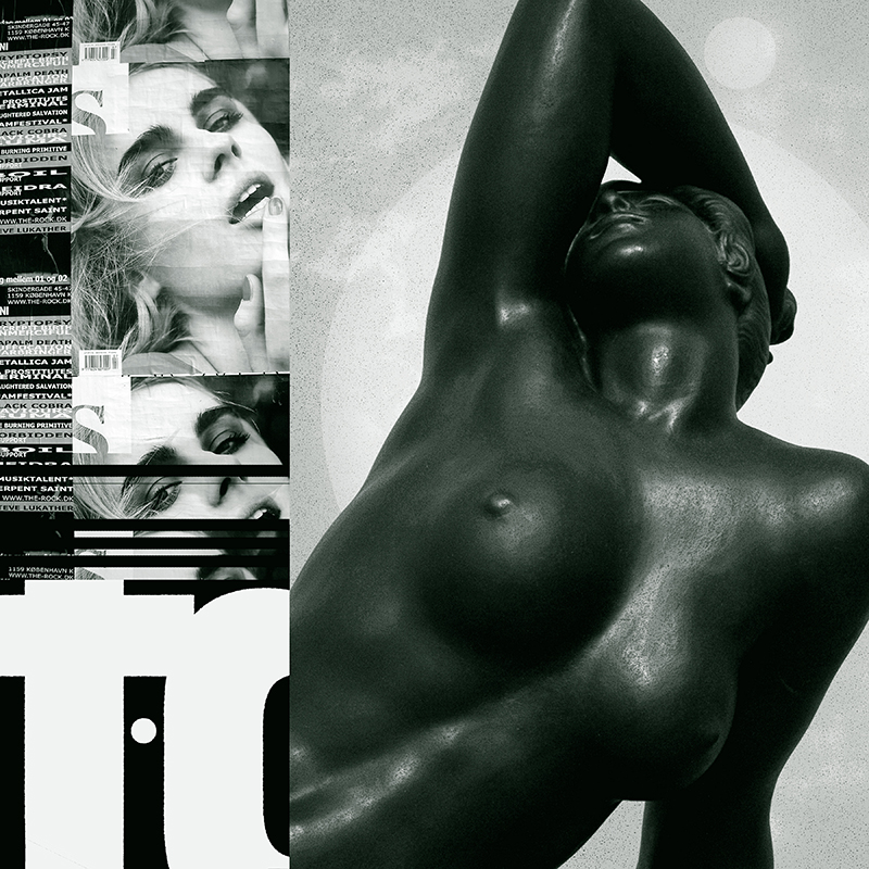 collage images, female bronze sculpture, band flyer, letterform