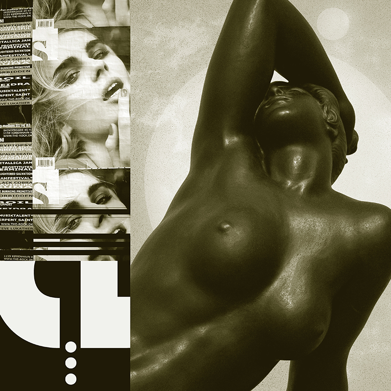collage images, female bronze sculpture, band flyer, letterform