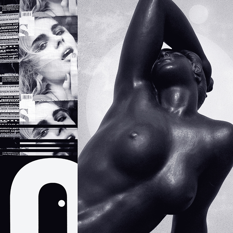 collage images, female bronze sculpture, band flyer, letterform