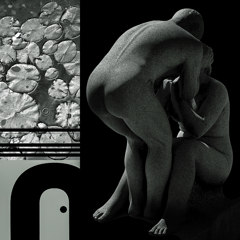 collage, human figures, water lillies, letterforms