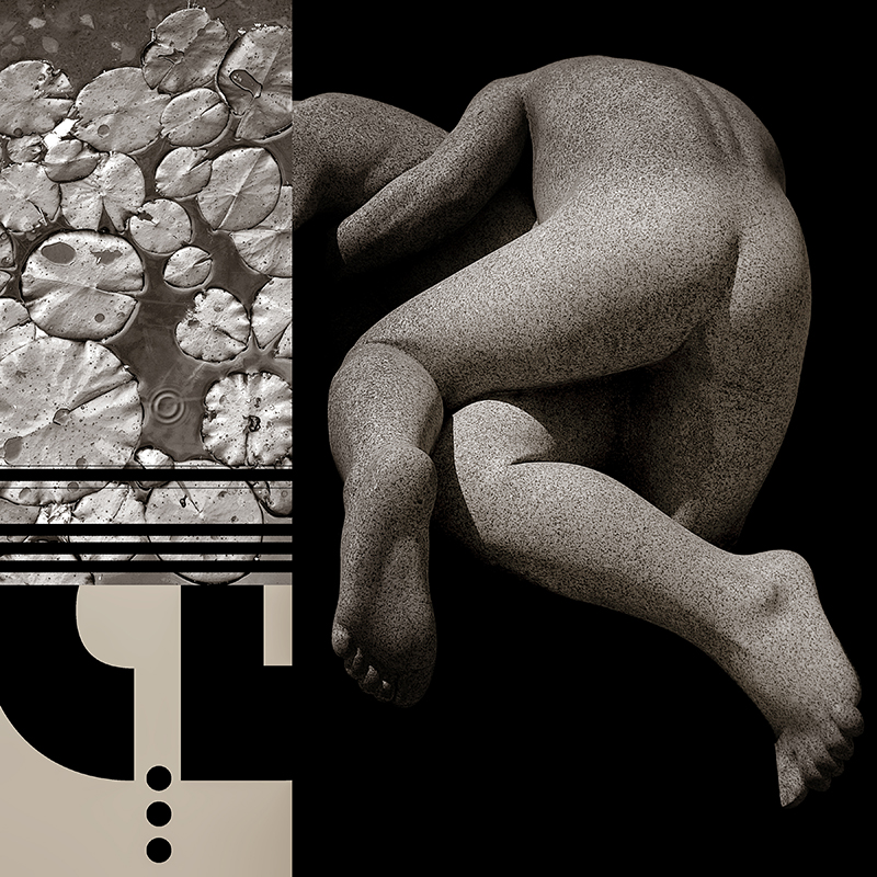 collage, human figures, water lillies, letterforms