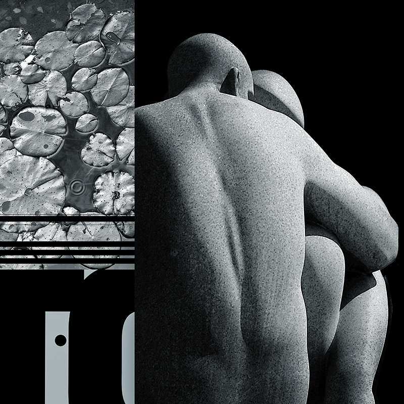 collage, human figures, water lillies, letterforms