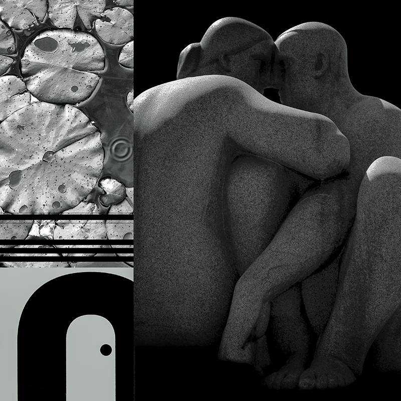 collage, human figures, water lillies, letterforms