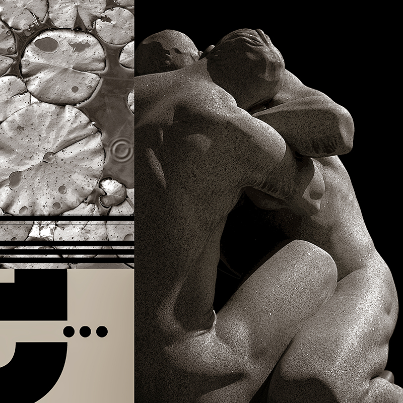 collage, human figures, water lillies, letterforms