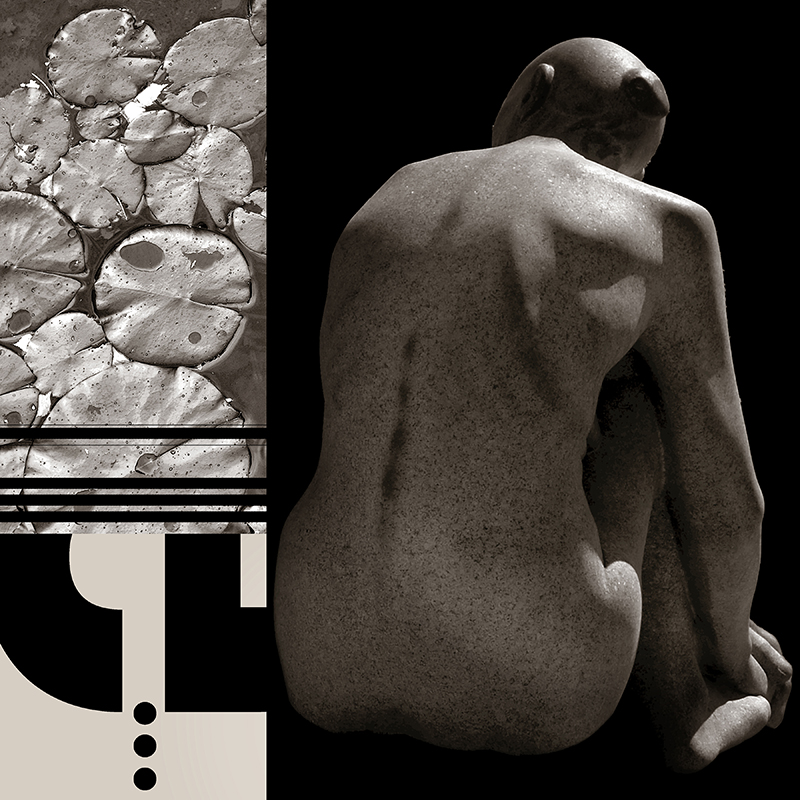 collage, human figures, water lillies, letterforms