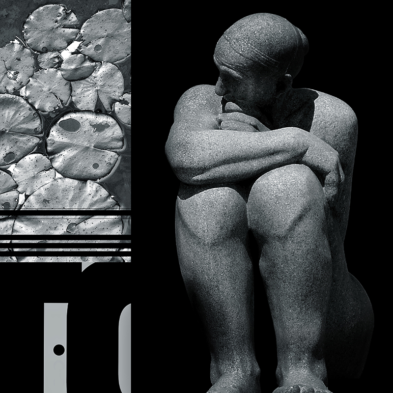 collage, human figures, water lillies, letterforms