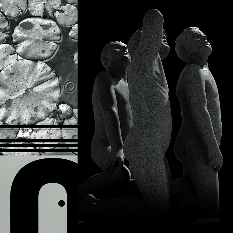 collage, human figures, water lillies, letterforms