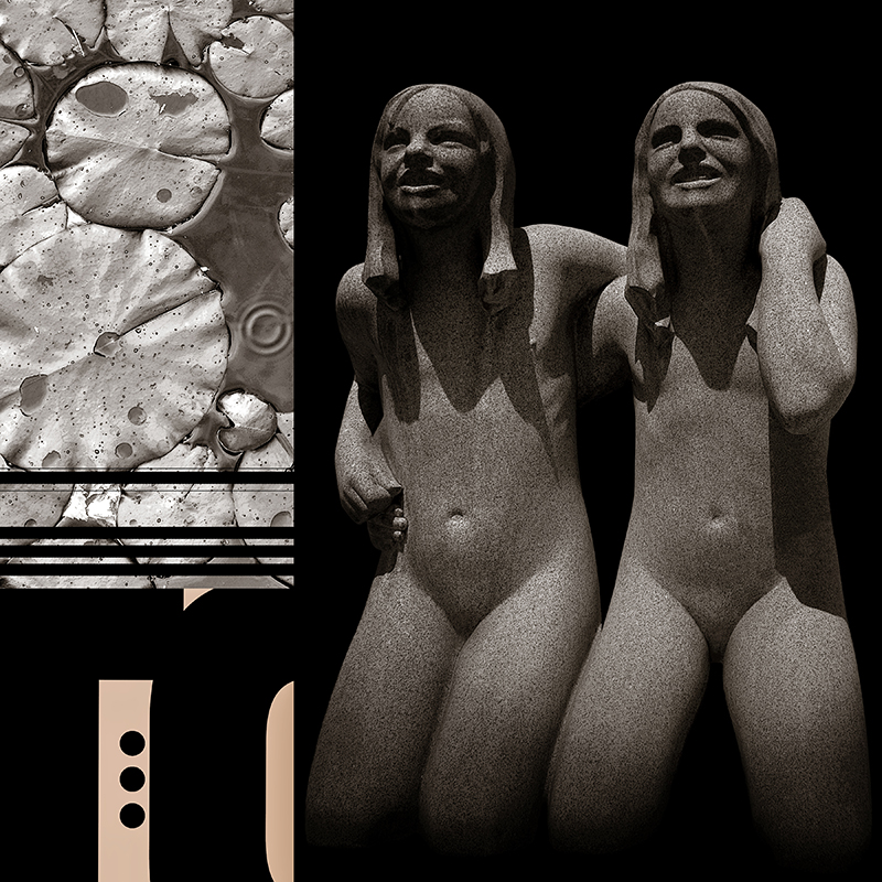 collage, human figures, water lillies, letterforms