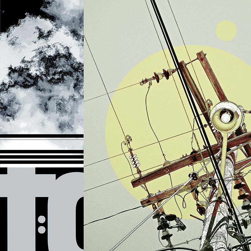 collage, clouds, letter forms, and wires