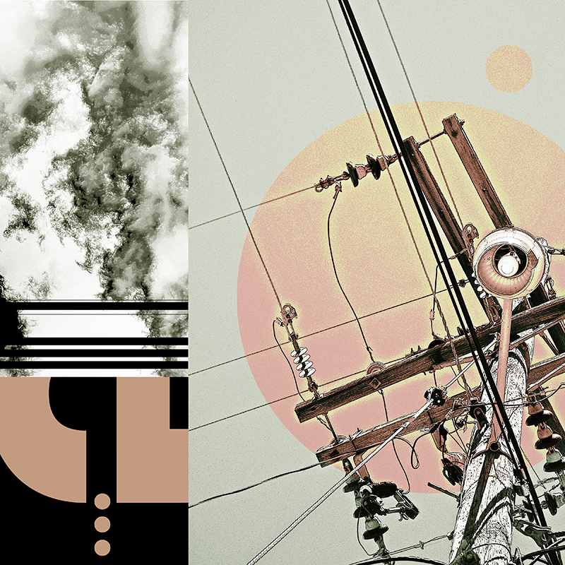 collage, clouds, letter forms, and wires