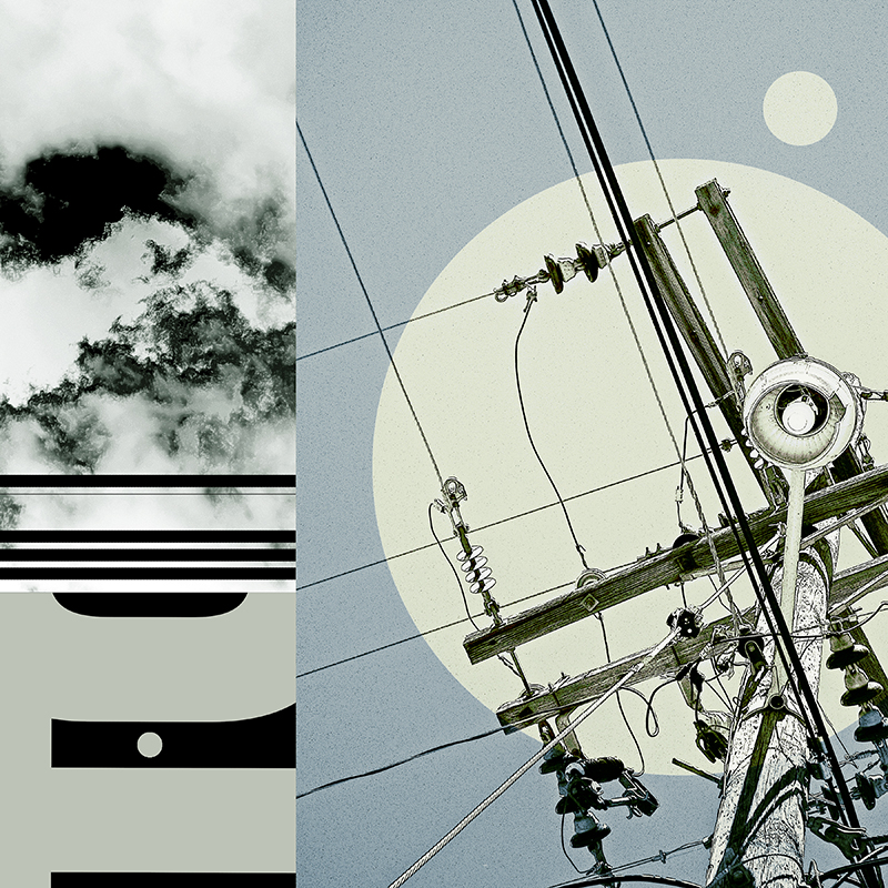 collage, clouds, letter forms, and wires
