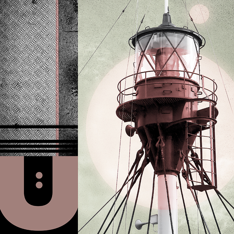 collage, light house, diamond grill plate, letter forms