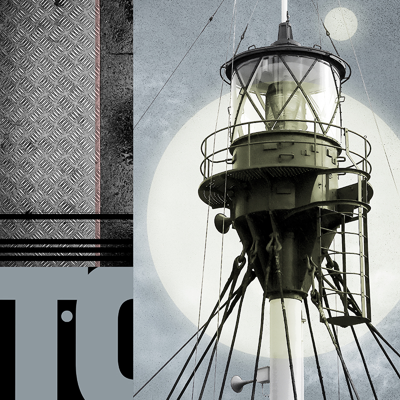 collage, light house, diamond grill plate, letter forms