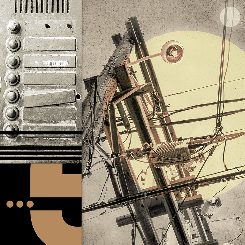 collage, electrical wires, door buzzer plate, letter forms
