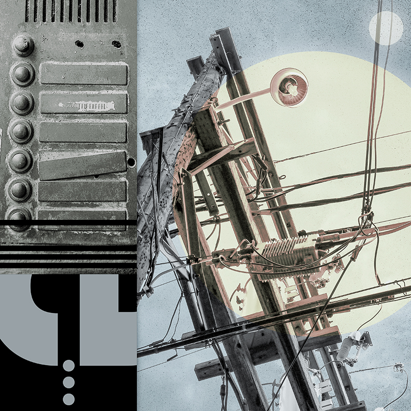 collage, electrical wires, door buzzer plate, letter forms