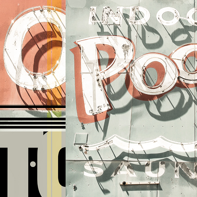 collage, neon motel signs, letter forms
