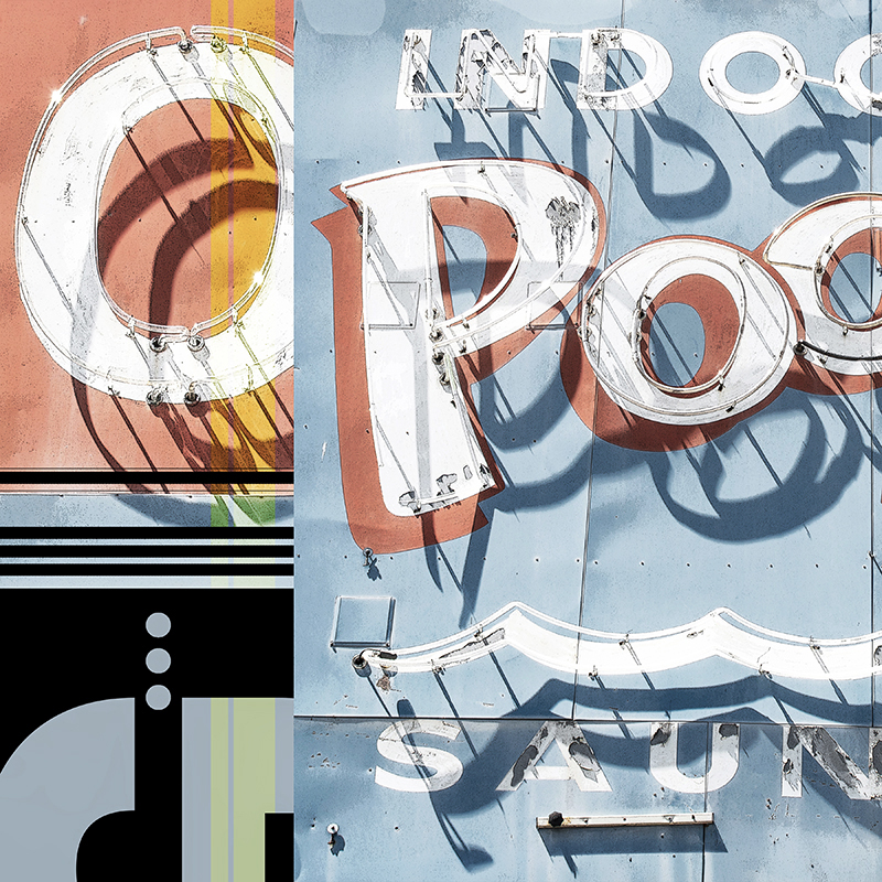 collage, neon motel signs, letter forms
