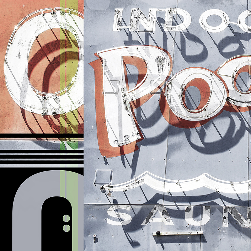 collage, neon motel signs, letter forms