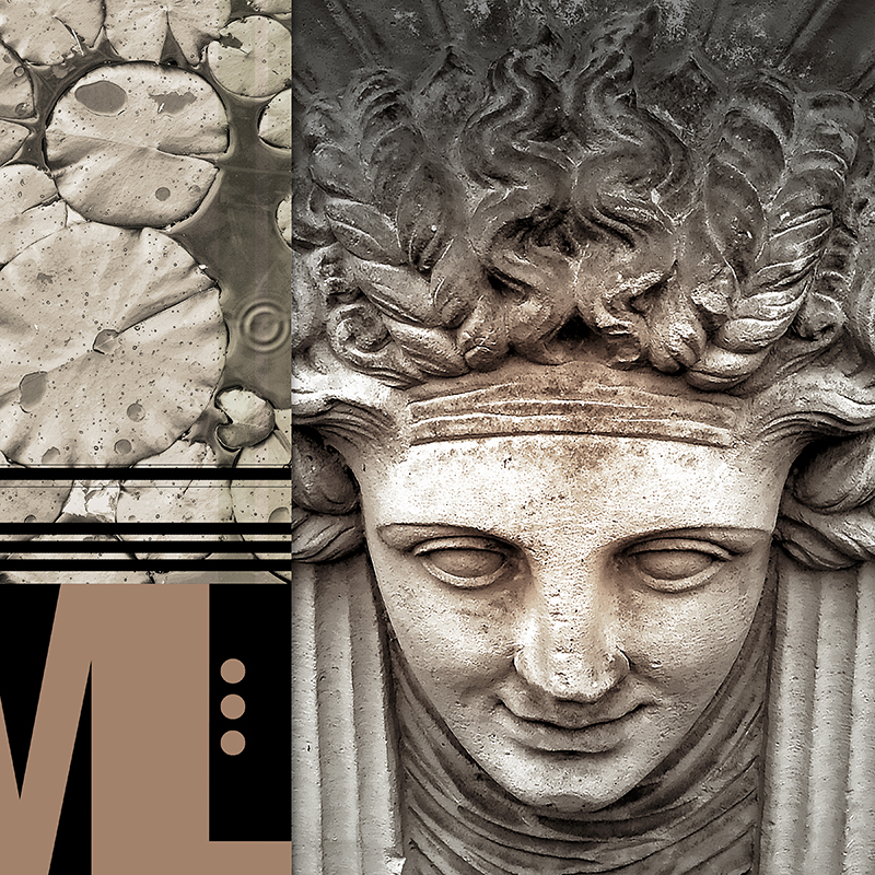 collage, water lillies, stone face, letter forms