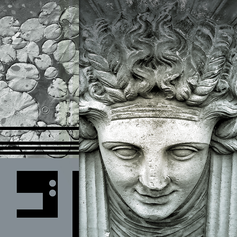 collage, water lillies, stone face, letter forms