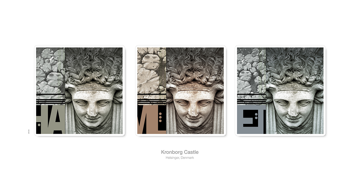 collage, water lillies, stone face, letter forms, poster