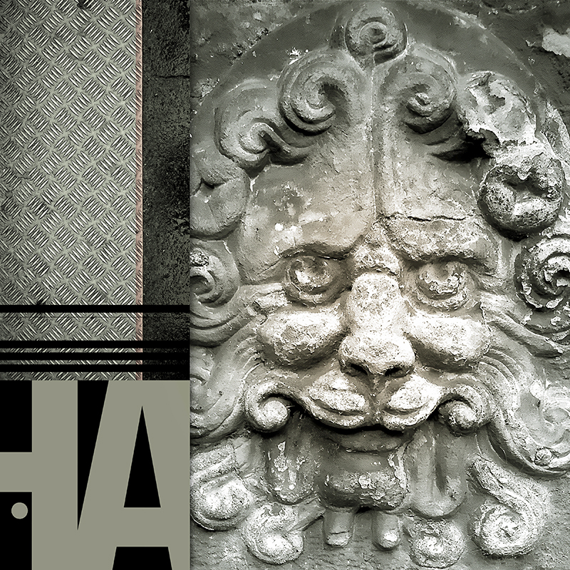 collage, diamond plate, stone face, letter forms