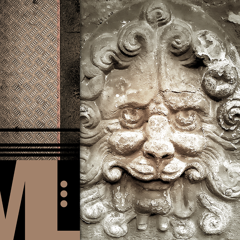 collage, diamond plate, stone face, letter forms