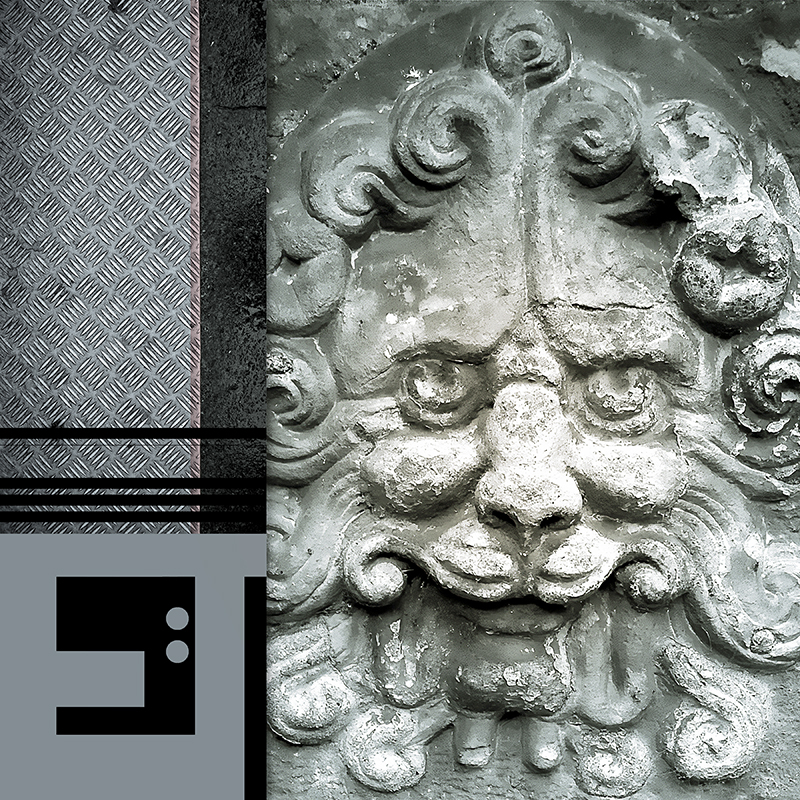 collage, diamond plate, stone face, letter forms