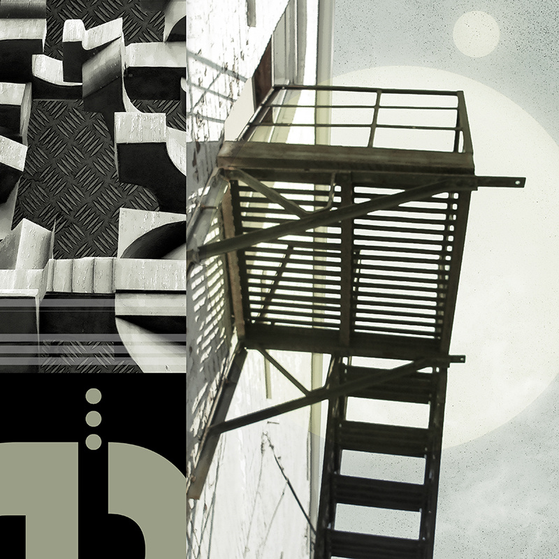 collage, bronze abstract shapes, fire escape, letter forms