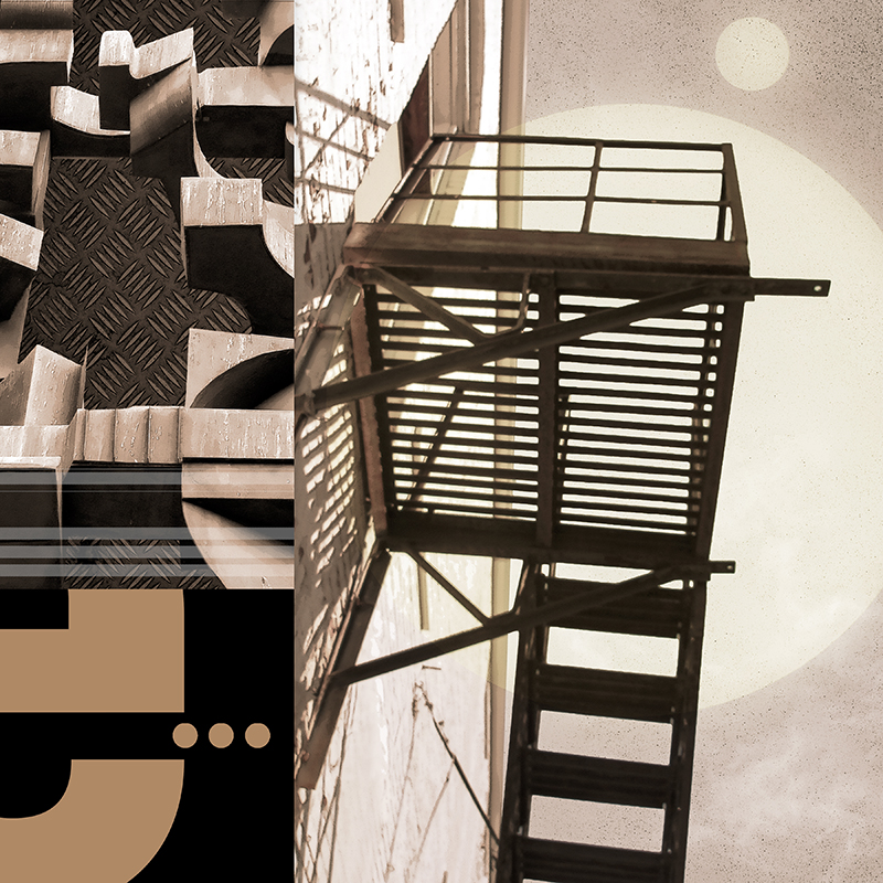 collage, bronze abstract shapes, fire escape, letter forms