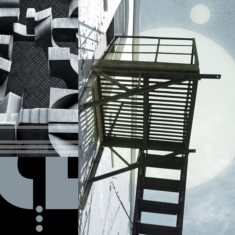 collage, bronze abstract shapes, fire escape, letter forms