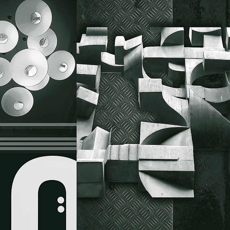 collage, bronze abstract shapes, orb lights, letter forms
