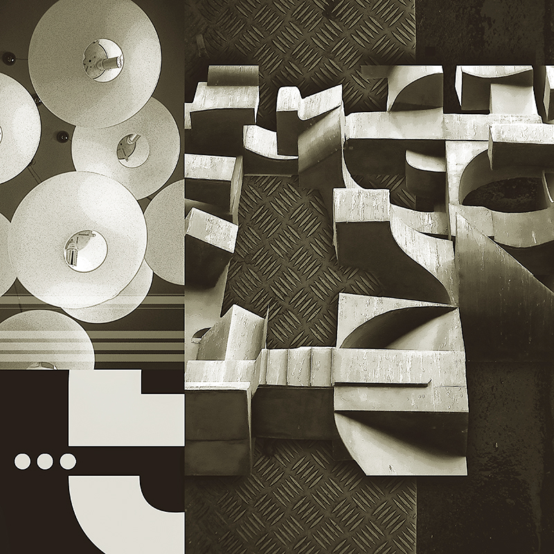 collage, bronze abstract shapes, orb lights, letter forms