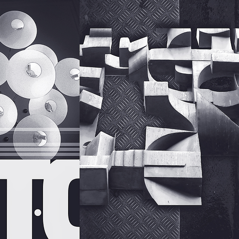 collage, bronze abstract shapes, orb lights, letter forms