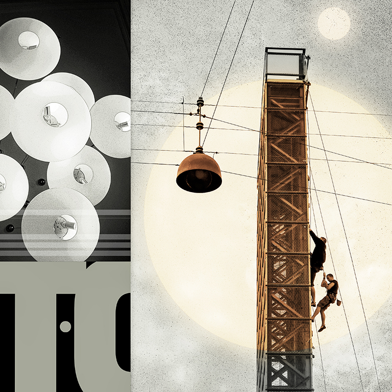 collage, climbing wall with two climbers, orb lights, letter forms