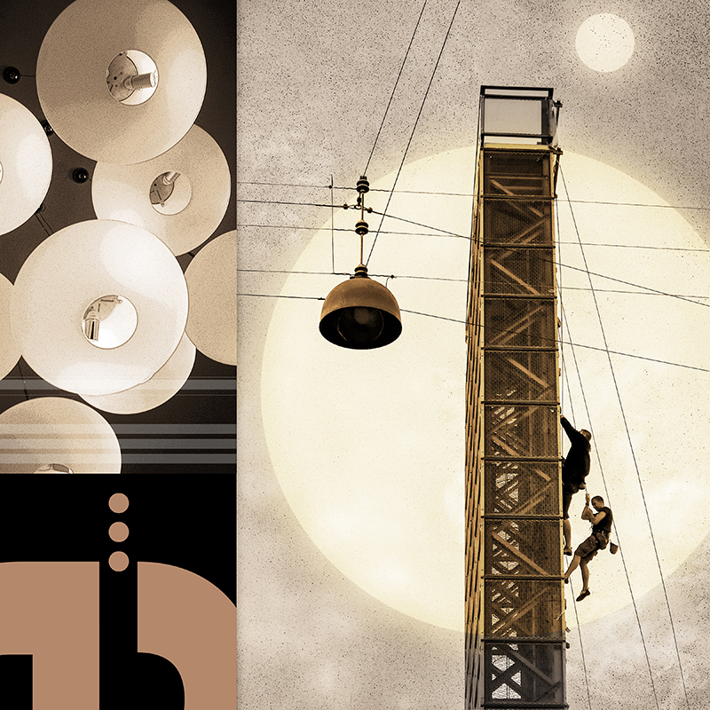 collage, climbing wall with two climbers, orb lights, letter forms