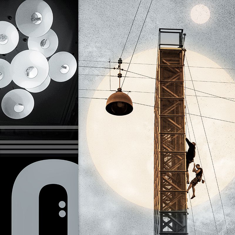 collage, climbing wall with two climbers, orb lights, letter forms