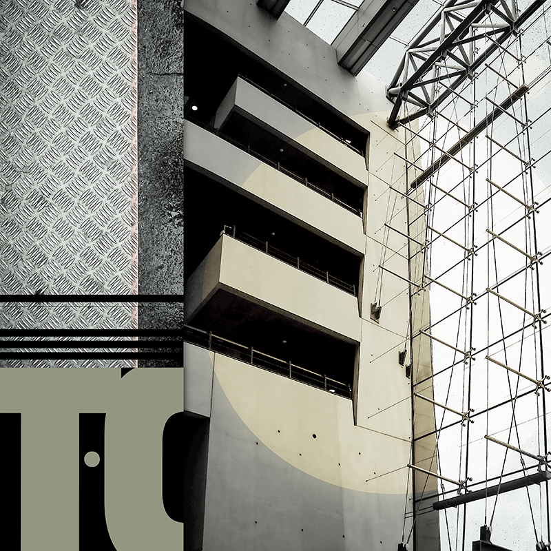 collage, interior view of copenhagen library windows, letter forms, and diamond plate