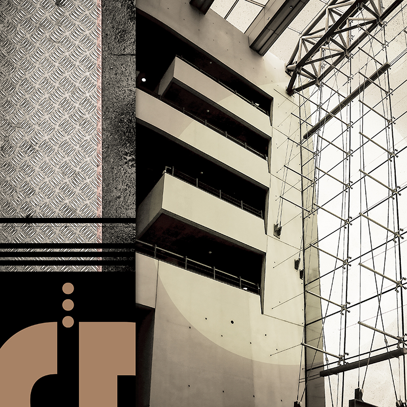 collage, interior view of copenhagen library windows, letter forms, and diamond plate