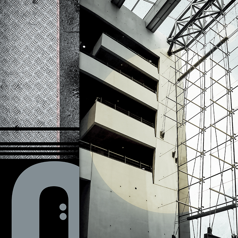 collage, interior view of copenhagen library windows, letter forms, and diamond plate